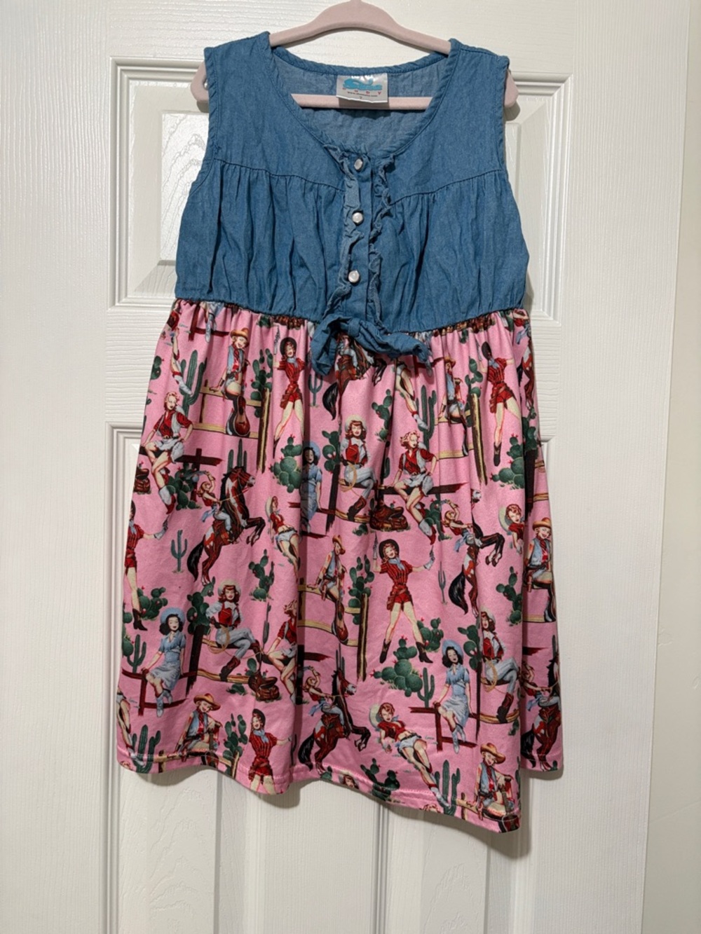 Blue Denim Top & Pink Western-Print Girls' Casual Dress